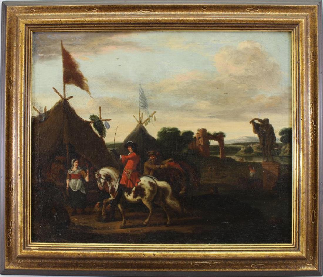 Jan Wyck (Netherlands, 1652 - 1700): Jan Wyck (Netherlands, 1652 - 1700) Painting "Rest from the Battle". Oil on canvas. Gilmore Collection Label verso, "Sutler's Tents". Sight Size: 15.5 x 19 in. Overall Size: 21 x 24.25 in.