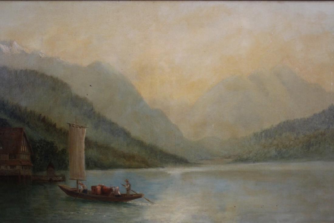 Attr. Edwin Long Meadows (1854-1905): Att. Edwin Long Meadows (1854-1905) mountain landscape scene with boat and cottage. Sight Size: 23.5 x 41.5 in. Overall Size: 30.5 x 48 in.