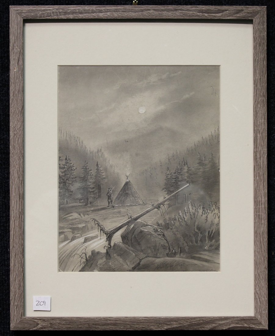 Antique Pencil Drawing of Western River Landscape: Antique Pencil Drawing of Western River Landscape. Signed lower right. Inscribed verso.Image Size: 9.5 x 7.5 in. Overall Size: 15 x 12 in. Framed behind glass.