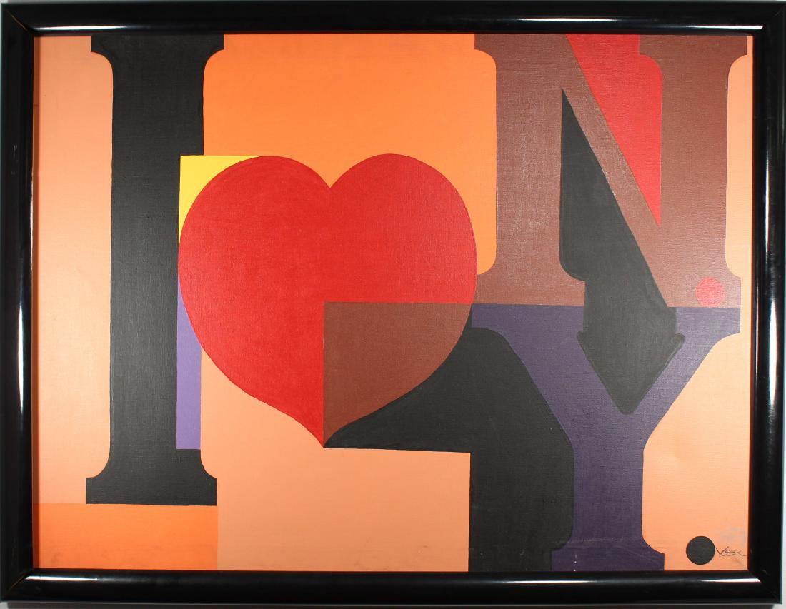 Vintage "I Love NY" Painting, Signed: Vintage "I Love NY" Painting, Signed. Indistinctly signed lower right. Oil/Canvas. Sight Size: 28.5 x 39 in. Overall Size: in.
