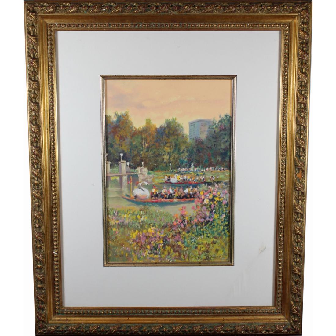 Boston Public Garden with Swan Boats, Figures: Boston Public Garden with Swan Boats lithograph. Signed and numbered 322/350 in lower portion. Sight Size: 12 x 8 in. Overall Size: 22.25 x 18.25 in. Framed behind glass.