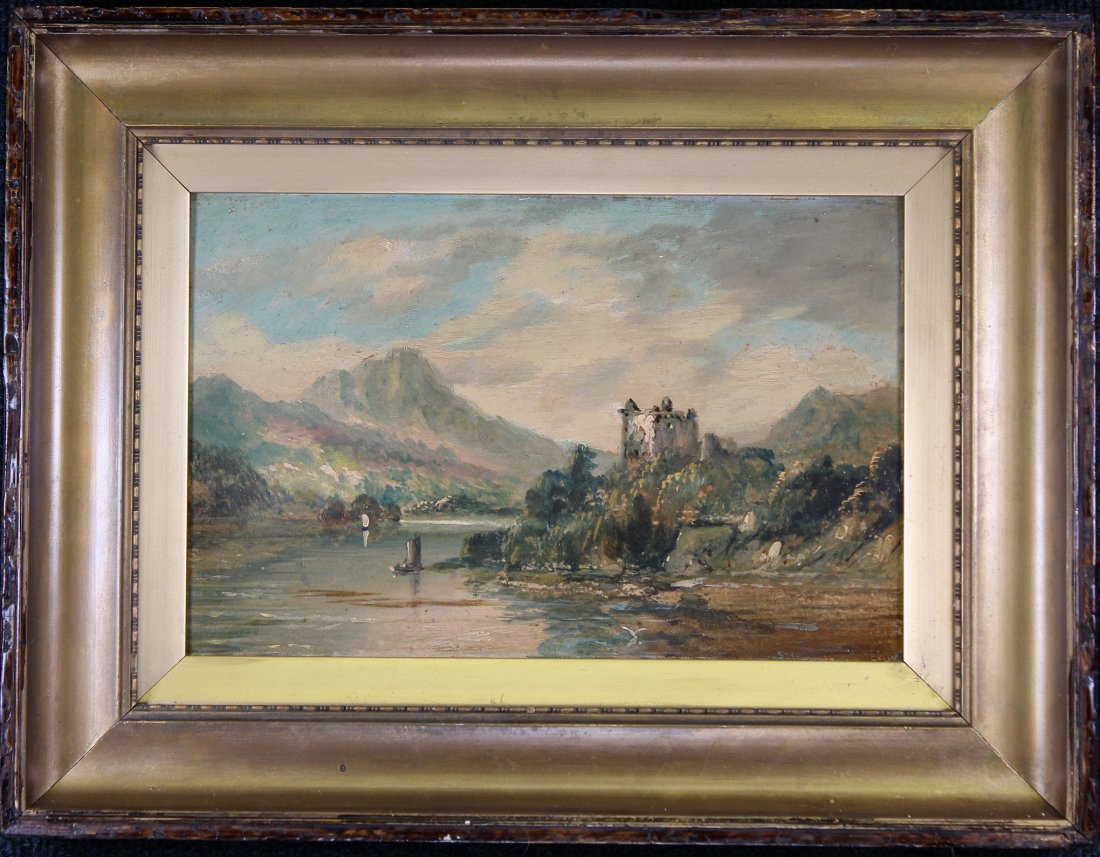 Early 20th C. Painting of MacLeod Castle: Early 20th C. Painting of MacLeod Castle (also known as Dunvegan Castle, Scotland). Inscribed verso. Oil on board. Appears to be unsigned, has not been examined out of frame. Sight size: 7 x 10.5 inch