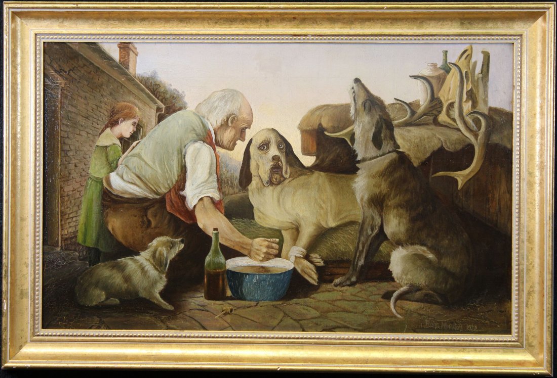 Signed, Painting of Old Man and Child with Dogs: Signed, Painting of Old Man and Child with Dogs. Signed and dated 1920 lower right. Signed "Robt Moulton" lower right. Oil on board. Sight size: 17 x 28 inches.
