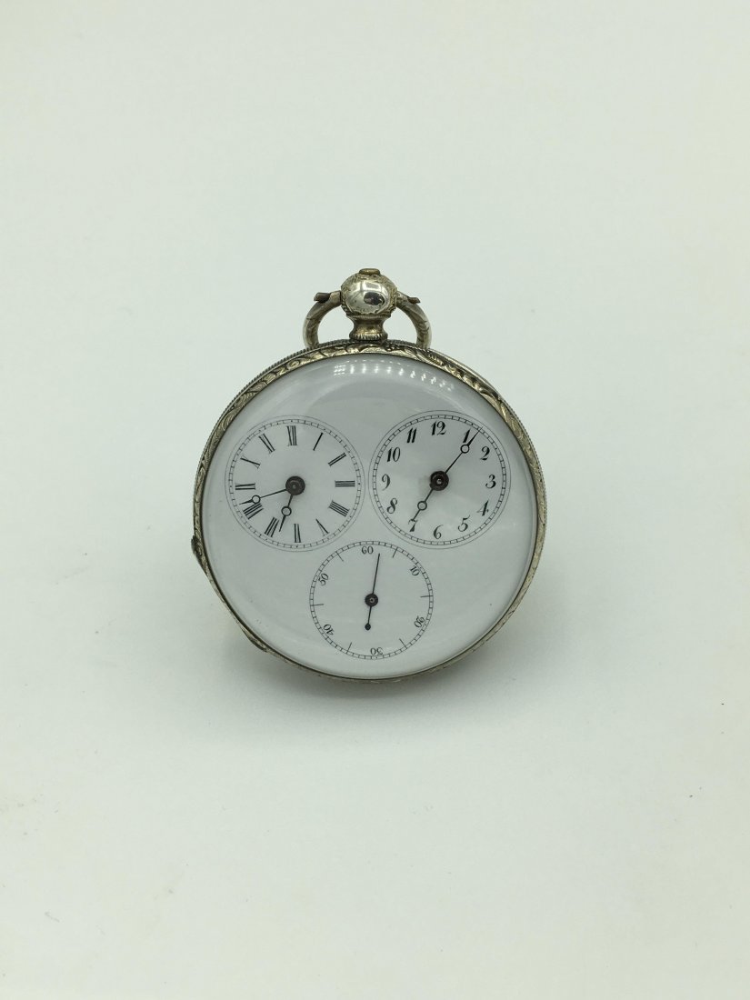 Rare 1820-1830 Captains Dual Time Pocket Watch: Centre Seconds Silver Pocket Watch, G. Grand Swiss, 13 Jewel, Open Face Keywind, Size 5s, Dial Is in Near Mint Condition Complete with Key Pictured Which Fits All Three Shafts, Two Setting Each of The
