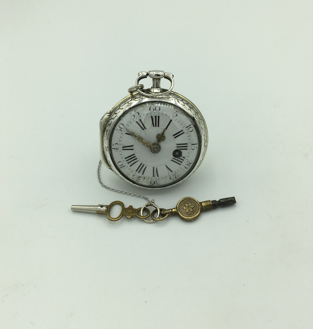 Rare Antique French Mid 1700's Silver Pocket Watch: Nillion Lausanne, Onion Verge Fusee, Open Face Keywind, Size 5s, Roman Numerals, Ornate Gold Hands, Some Enamel Loss. Magnificently Embossed Case in Excellent Condition with Normal Age Associated Wear