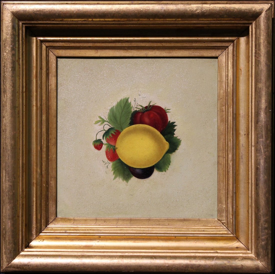19th C. Painting of Lemon, Strawberries and Tomato: 19th C. Painting of Lemon, Strawberries and a Tomato. Oil on board. Appears to be unsigned. Has not been examined out of frame. Housed in a gilt frame. Sight size: 7.5 x 7.5 inches.