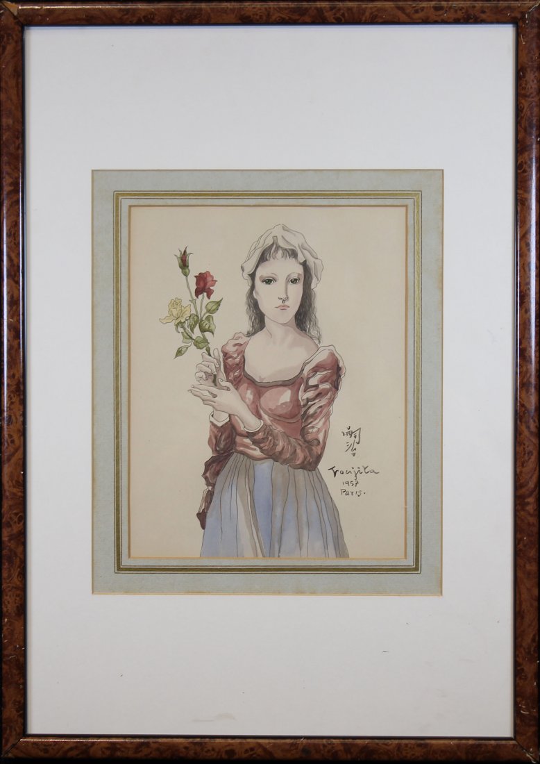 Attr. Leonard Tsuguharu Foujita (1886 - 1968): Attr. Leonard Tsuguharu Foujita (1886 - 1968) Signed Watercolor/ink portrait of a young woman holding a stem of flowers. Signed lower right and dated "1957 Paris. Provenance: Private Bucks County Penn