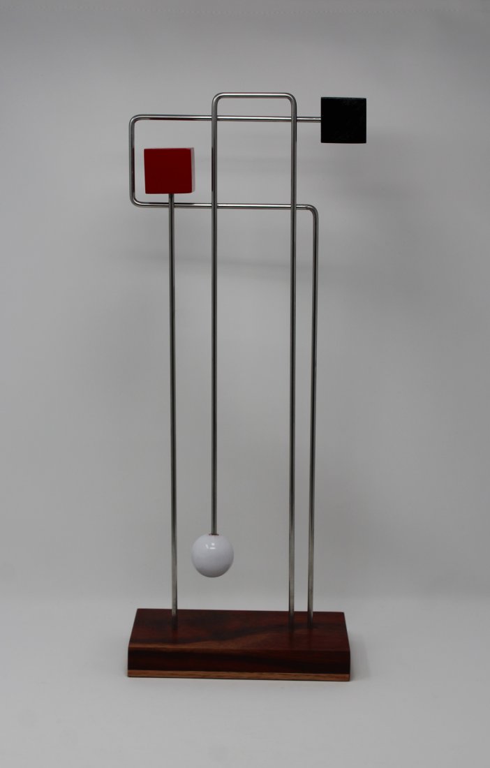 Mark Elzy (20th C.) Modern Sculpture: Mark Elzy (20th C.) Modern Sculpture. Signed on base. Wood, metal and spray paint. Former sculpturist for Disney.Size: 19.5 x 7.5 x 4 in.