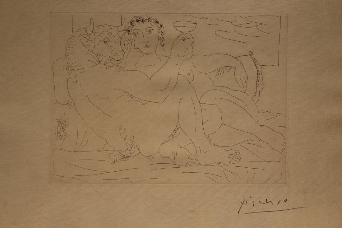 Picasso (1881 - 1973) Vollard Suite Etching: Pablo Picasso (Spanish, 1881 - 1973) Vollard Suite Etching. The Minotaur's Repose: Champagne and Mistress (Le Repos du Minotaure: champagne et amante). Pencil signed lower margin. Watermarked in paper
