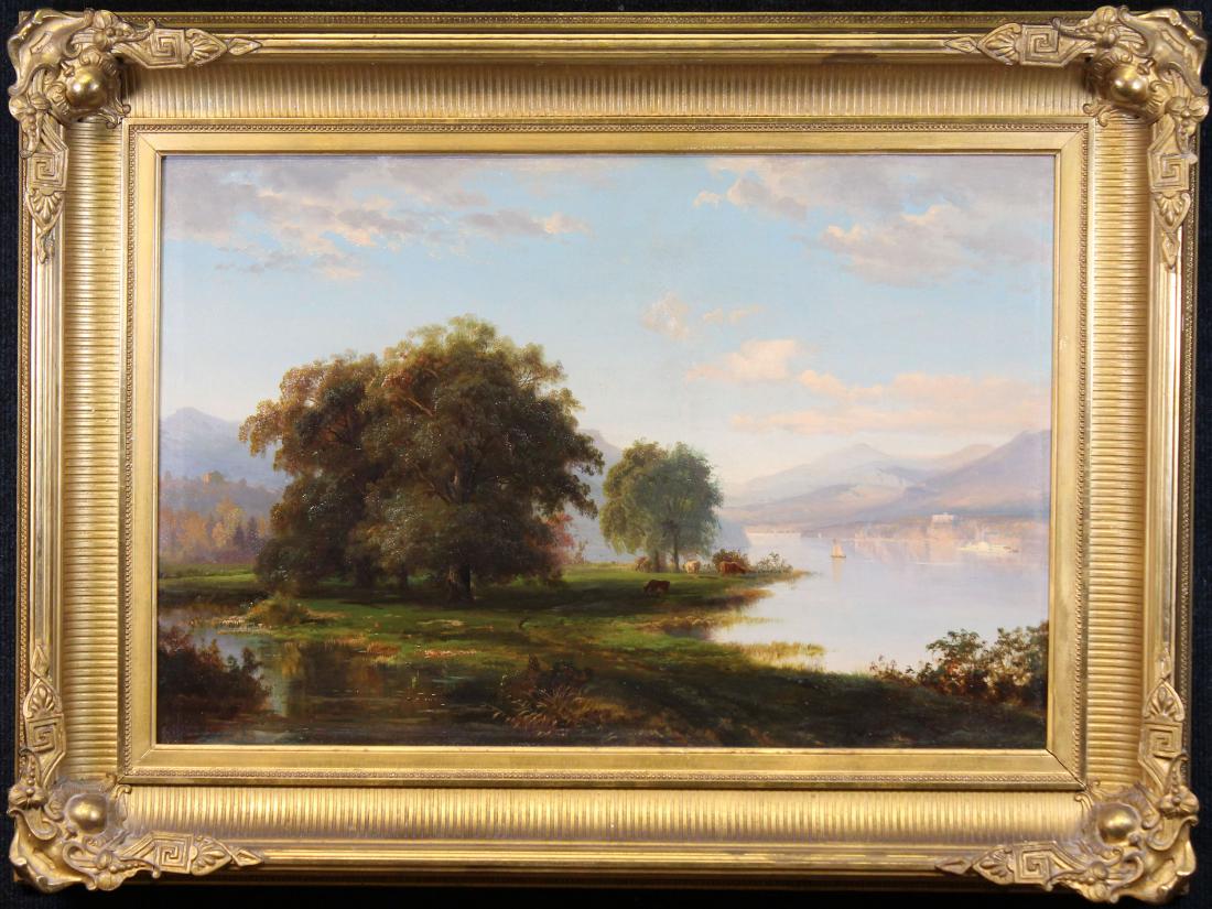 Attr Johann Carmiencke (1810 - 1867) Hudson River: Attr Johann Carmiencke (New York / Denmark, Germany, 1810 - 1867) Hudson River Painting. Depicting West Point in the background. Finely detailed including a paddlewheel steamer, cows on point of land,