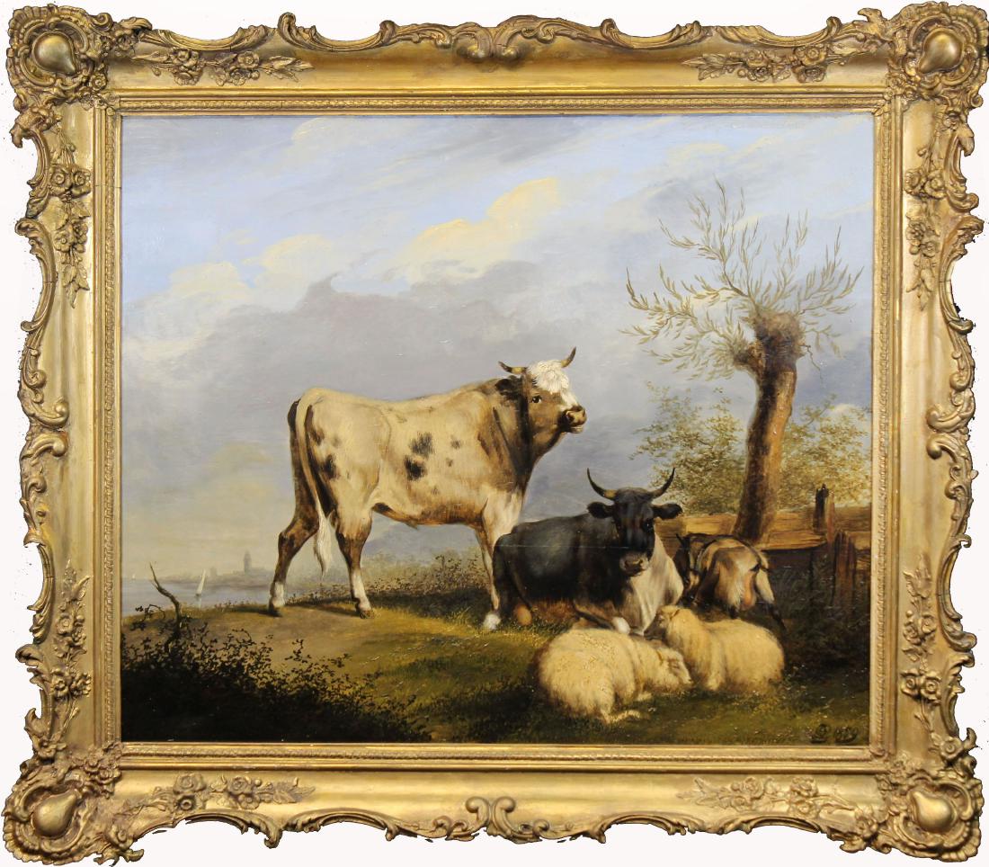 Pieter Jan Guise (Dutch, 1814 - 1859): Pieter Jan Guise (Dutch, 1814 - 1859) Bucolic landscape with cattle. Monogrammed lower right. Oil on Board. Exhibited at Appleton Museum (Ocala, Florida). Sight Size: 21.5 x 26.25 in. Overall Size: 29