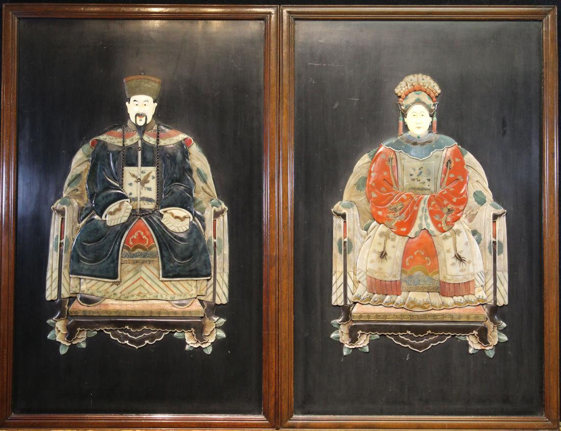 2 Large Chinese Applied Stone Ancestral Portraits: (2) Large Chinese Painted/Carved/Applied Stone Ancestral Portraits. Provenance: Important Private Tampa Florida Collection. Overall Sizes: 46 x 30 in.