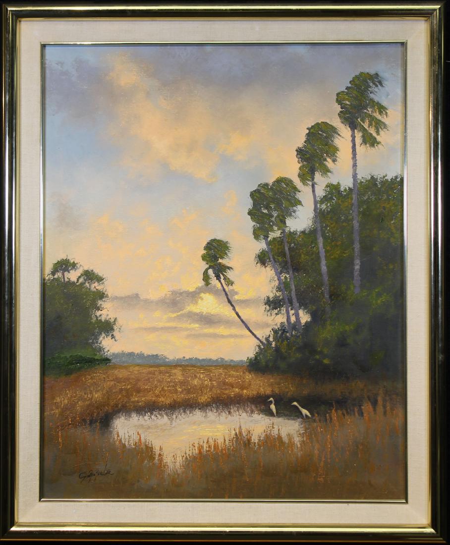 Russell Scheibenberger (Florida, 20th C): Russell Scheibenberger (Florida, 20th C) Florida Landscape Highwaymen Painting with Egrets. Oil on canvas. Sight size: 28.5 x 23 in. Overall Size: 34.5 x 28 in.