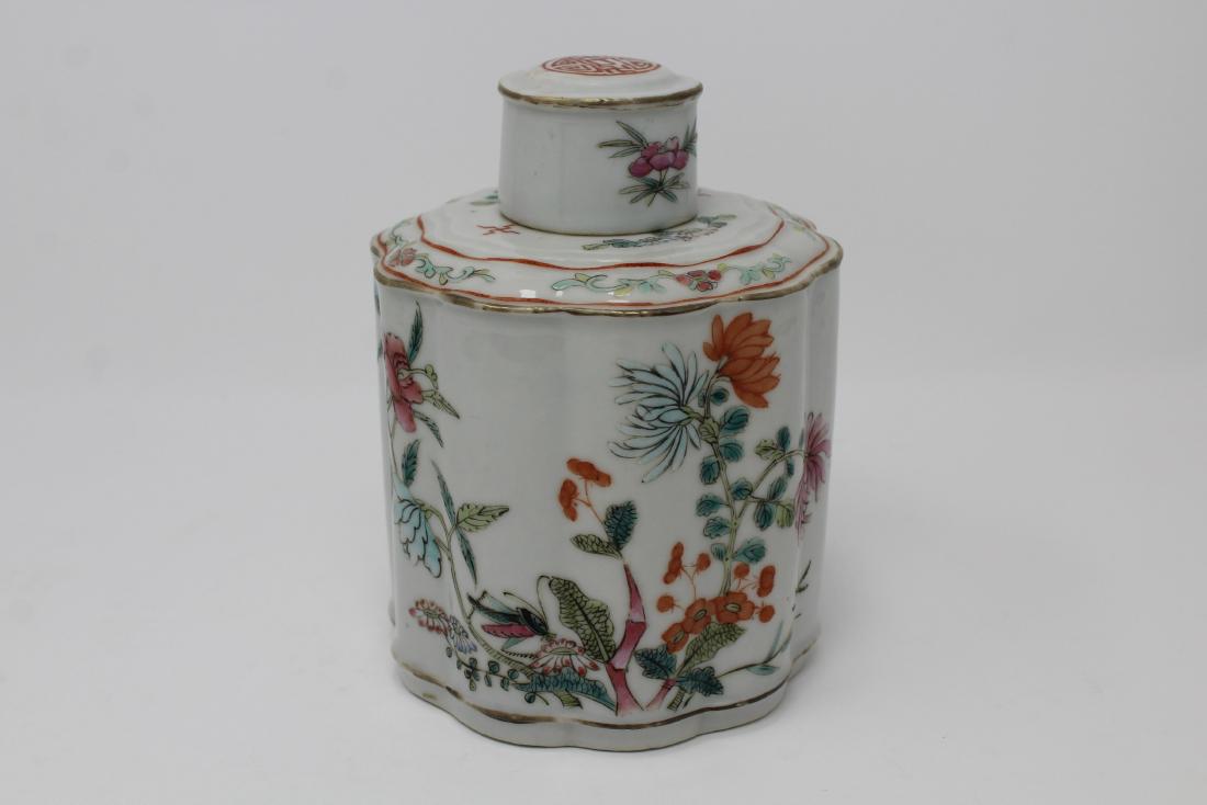 Chinese, Porcelain Famille Rose Tea Caddy: Chinese, Porcelain Famille Rose Tea Caddy. Height: 5.5 inches.