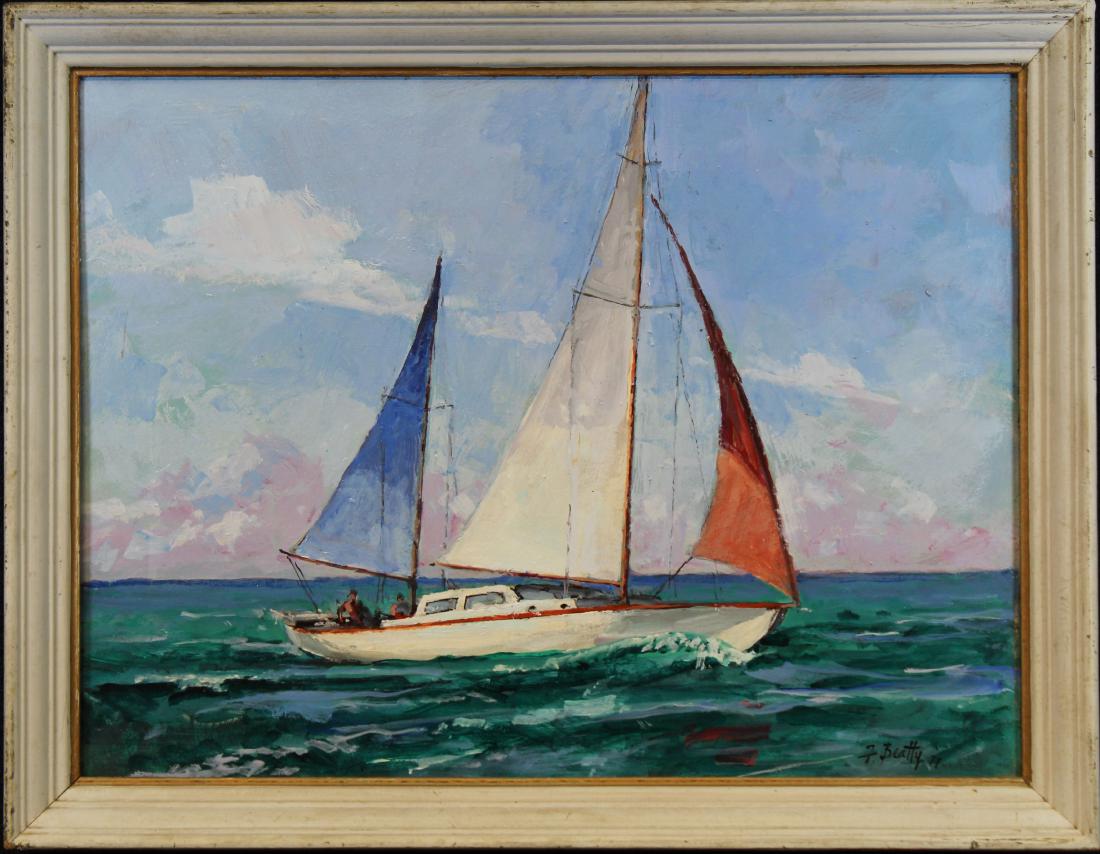 Frank Beatty (1899 - 1984): Frank Beatty (1899 - 1984) nautical painting. Signed and dated '77 lower right. Oil on board. He was a member of the Artists Guild of Chicago, the Salmagundi Club in New York City, the North Shore Art
