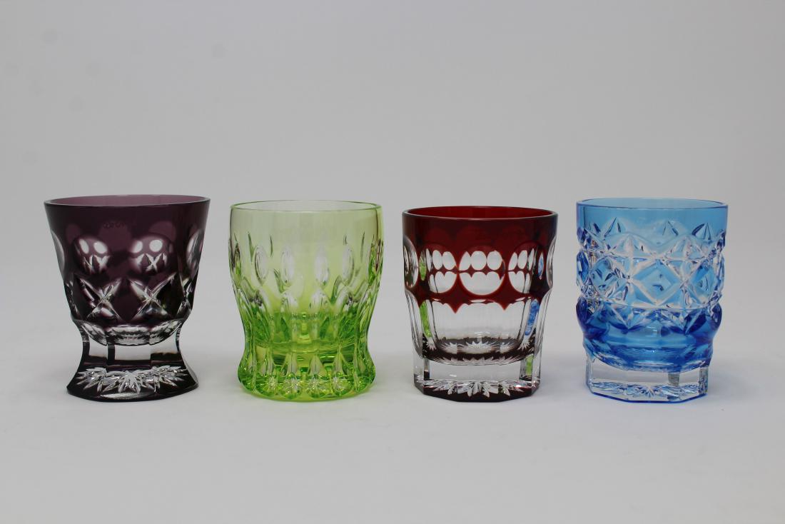 (4) Faberge Glass Cordial Cups: (4) Faberge Glass Cordial Cups. Each signed near rim. Height: 2.5 inches.