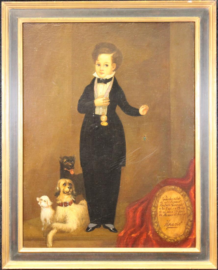 Horacio Renteria Rocha (Mexico, 1912 - 1972): Horacio Renteria Rocha (Mexico, 1912 - 1972) "Portrait of the child Horacio Arenteria Coronado at age five years twenty-nine days" - label verso. Signed lower right. Oil on Canvas. His most representa