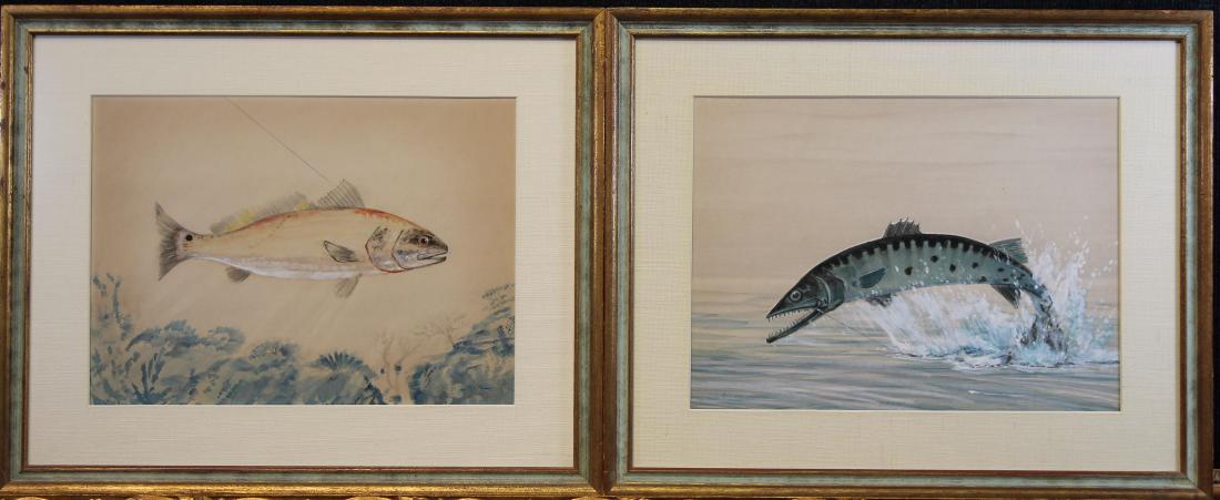 (2) "Moore", Signed Mixed Media Paintings of Fish: (2) "Moore", Signed Mixed Media Paintings of Fish. Mixed media/paper. 20th century American School. Sight Sizes: 10.5 x 15 in.