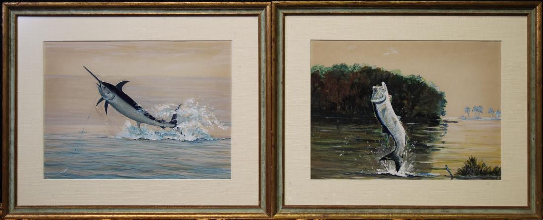 (2) "Moore", Mixed Media Paintings of Fish: (2) "Moore", Mixed Media Paintings of Fish. Mixed media/paper. 20th century American School. Sight size: 11 x 15 in.