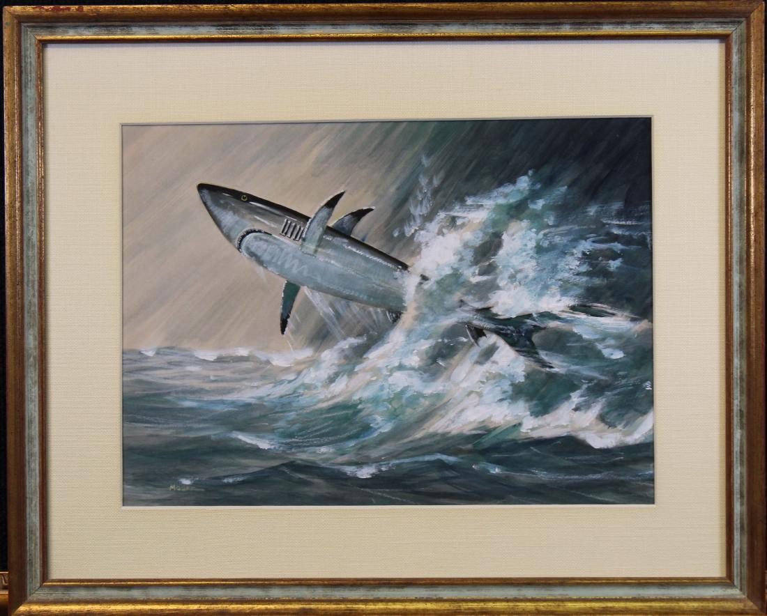 "Moore", Signed Mixed Media Painting of Shark: "Moore", Signed Mixed Media Painting of Shark. 20th century American School. Mixed media/paper. Sight size: 10.5 x 14.5 in.