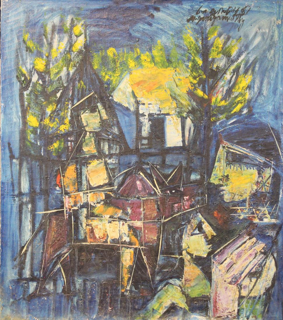M Suriyamoorthy (India, born 1944): M Suriyamoorthy (India, born 1944) Painting of an abstract landscape with figures in the foreground. Signed upper right. Oil on Canvas. Inscribed verso. Overall Size: 35 x 30 in. Unframed.