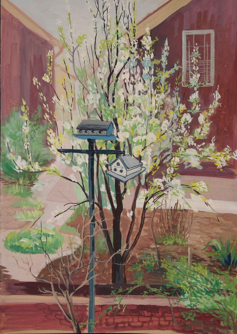 Yolanda Fusco (NY, Czech Republic, 1920 - 2009): Yolanda Fusco (NY, Czech Republic, 1920 - 2009) Oil/Paper painting of a bidhouse. Signed lower right. Size: 20 x 13.75 inches. Fusco came to New York City at the age of ten, and she started painting a