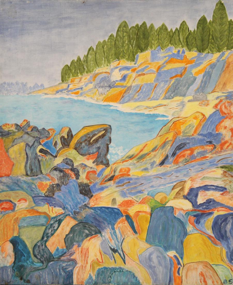 American School, New England Coastal Scene: American School, New England Coastal Scene Painting. Initialed "BS" lower right. Oil on canvas. Size: 24 x 20 inches.