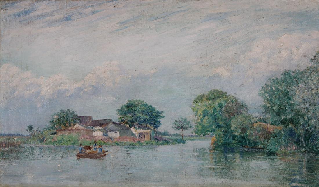 European School, Painting of a River Landscape: European School, Antiqu Painting of a River Landscape with figures rowing near a group of houses. Appears to be unsigned. Oil on canvas. Size: 10.5 x 18 in. Unframed.