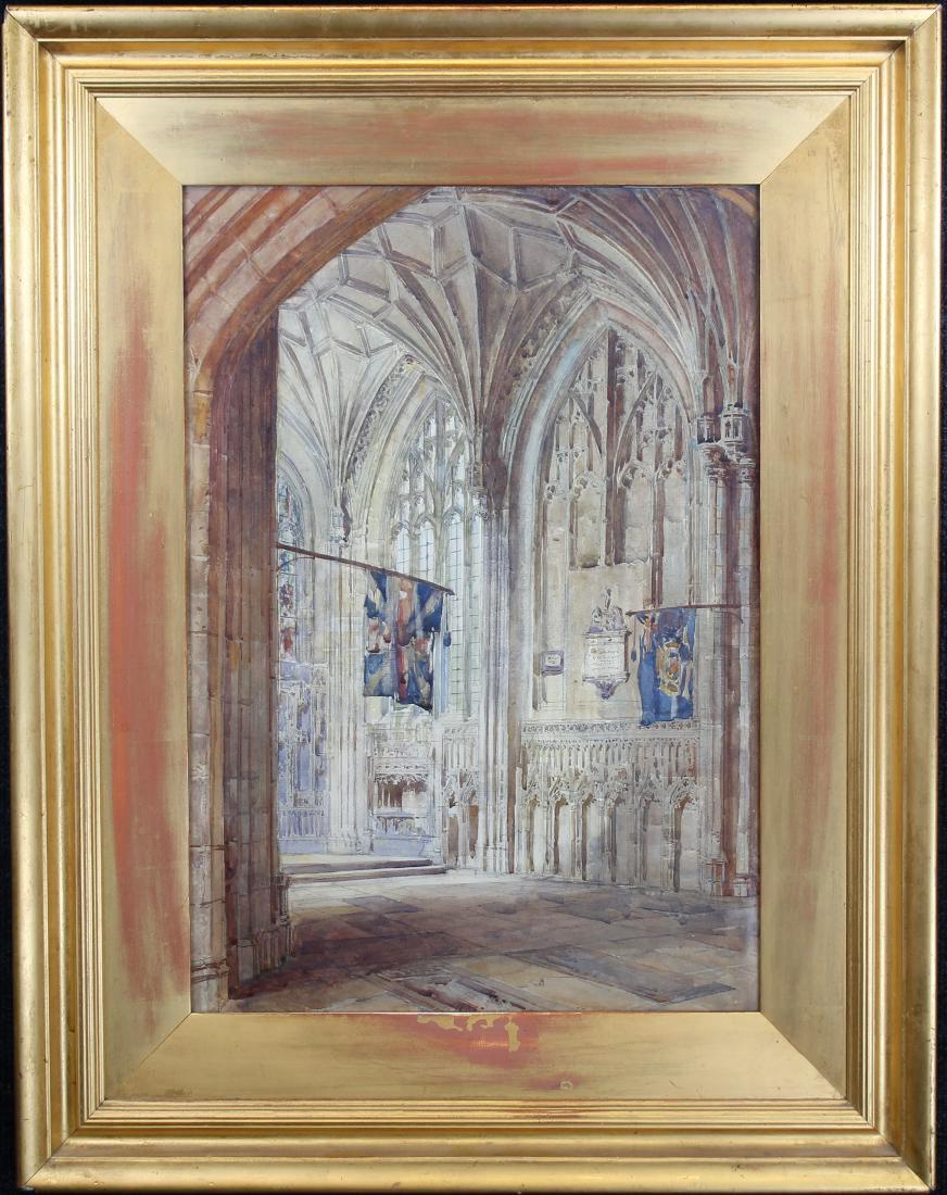 European School, Watercolor of Cathedral Interior: European School, Watercolor of Cathedral Interior. Appears to be unsigned, has not been examined out of frame. Old label verso. Sight Size: 19.5 x 13.25 in. Overall Size: 27.5 x 21.5 in. Framed behind