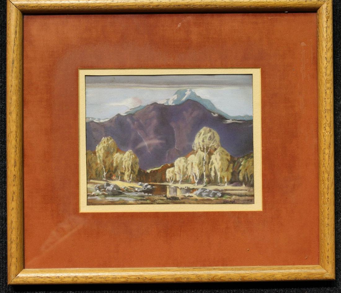 Signed Western Landscape Pastel: Signed lower right. Pastel. Western mountain scene. Sight Size: 5.75 x 7.25 in. Overall Size: 12.75 x 14.5 in. Framed behind glass.