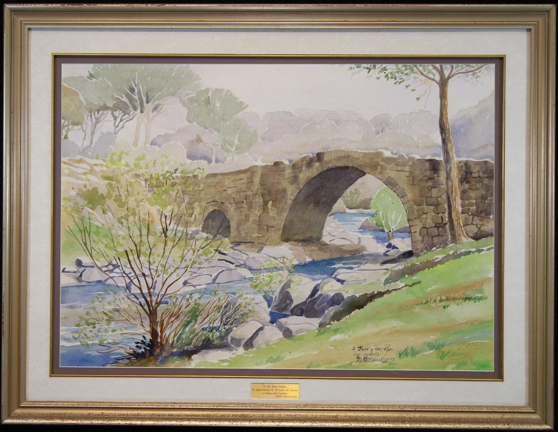 American School, New England Spring Landscape: American School, New England Spring Landscape. Watercolor. Signed "M Fernandez" lower right. Sight size: 18 x 26 in. Overall Size: 25.75 x 33.5 in. Framed behind glass.