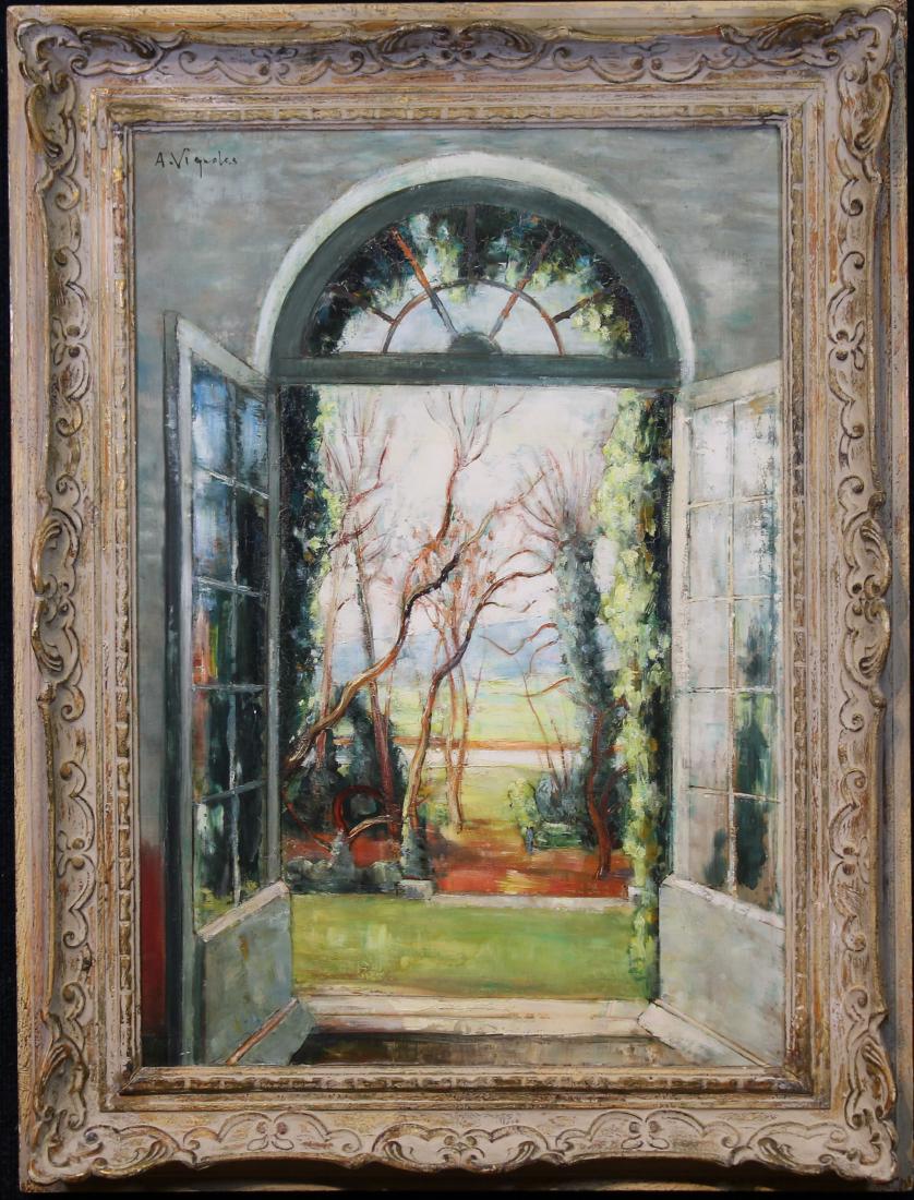 Signed, Painting of Spring Landscape From Window: Signed, Painting of Spring Landscape From Window. Oil on board. Signed "A. Viguolos" upper left. Sight size: 25 x 17.5 inches.