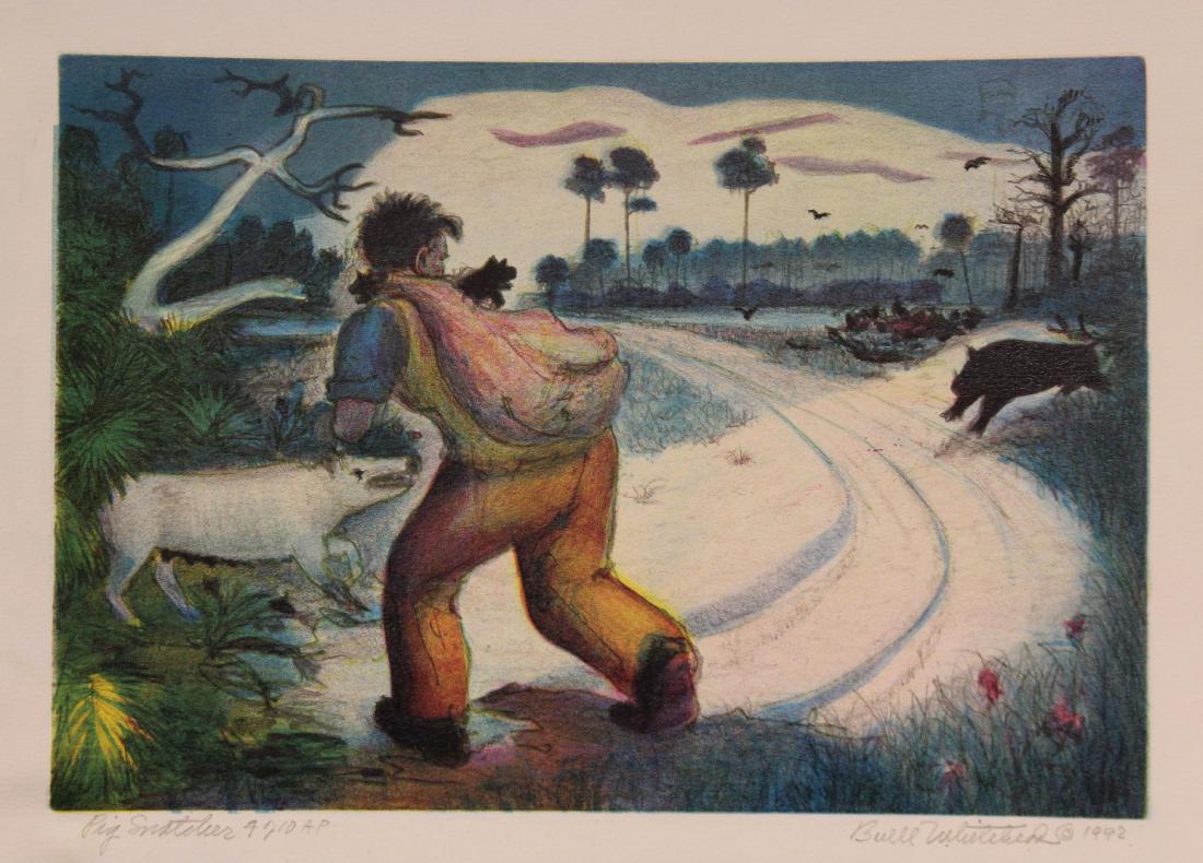 Buell Whitehead (FL, 1919 - 1993) "Pig Snatcher": Buell Whitehead (Florida, 1919 - 1993) Lithograph of a hunter trapping pigs. Pencil signed and titled in lower margin. Titled "Pig Snatcher" and numbered (4/10 AP).Image size: 8 x 11 in. Sheet Size: 1