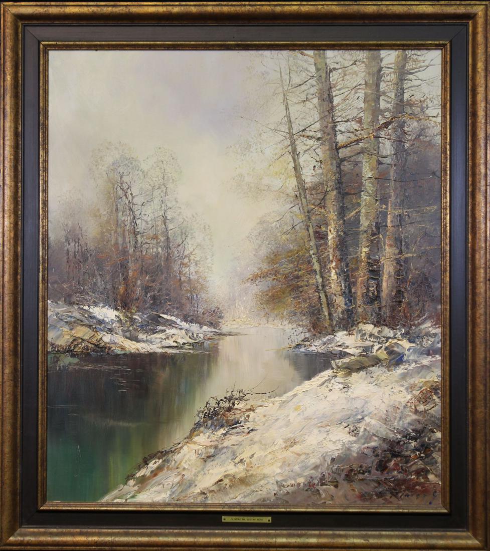 Gustav Turk, 20th C. Wooded River Landscape: Gustav Turk, 20th C. Wooded River Winter Landscape. Oil on canvas. Signed lower right. Sight size: 30.5 x 26.5 inches.