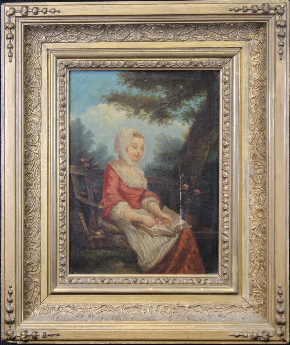19th. C. European School Painting of Woman Reading: 19th. C. European School Painting of Woman Reading. Oil on canvas. Puncture to canvas. Appears to be unsigned, has not been examined out of frame. Sight size: 12 x 9 inches.