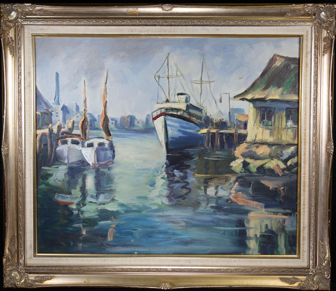 Riess, Signed "Gloucester Harbor" Painting: Riess, Signed "Gloucester Harbor" Painting. Oil on canvas. Signed lower left. Titled on stretcher verso. Sight size: 19 x 23 in. Overall Size: 25.75 x 29.5 in.
