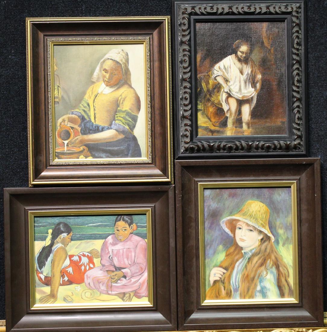 (4) Iku Nagai (20th C) Facsimile Paintings: (4) Iku Nagai (20th C) Facsimile Paintings. 1) Paul Gauguin's "Woman of Tahiti" 2) Renoir "Girl with a Stra Hat" 3) Vermeer "Milkmaid" 4) Rembrandt "Woman Bathing" Provenance: Clar's Auction House