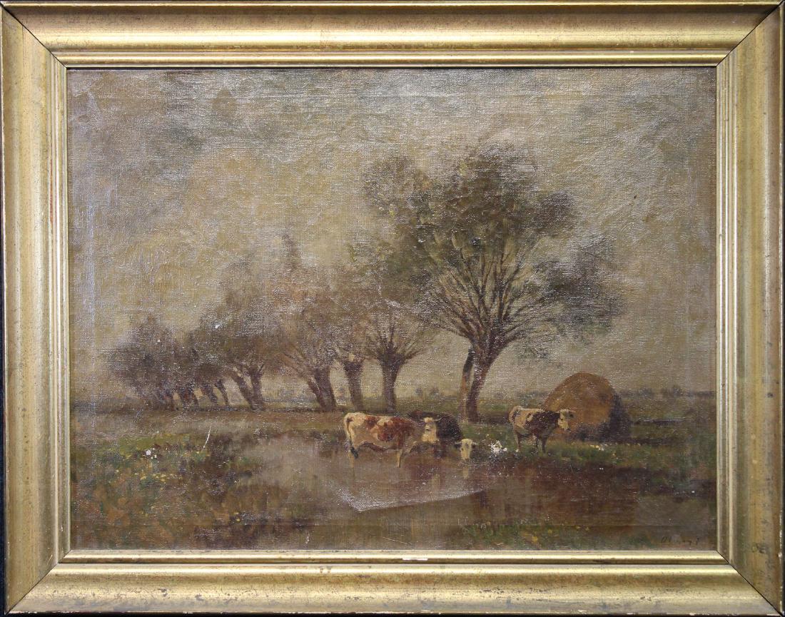 Large Antique Bucolic Landscape Painting: Large Antique Bucolic Landscape Painting. Indistinctly Signed lower right. Oil on Canvas. Sight Size: 23 x 30.5 in. Overall Size: 29.25 x 37 in. (C1939)