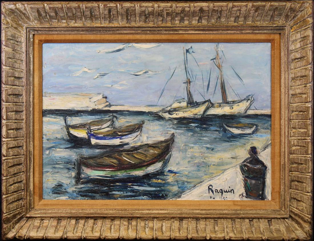 Iris Michelle Raquin (France, born 1933): Iris Michelle Raquin (France, born 1933) Harbor Scene Painting. Oil on canvas. Signed lower right. Sight size: 14 x 21 inches.