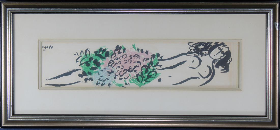 After Marc Chagall (1887 - 1985): After Marc Chagall (New York / France, Russian Federation, 1887 - 1985) Reclining nude lithograph. Signed in plate upper left. Sight size: 3.5 x 14 in. Overall Size: 9.25 x 20.25 in. Framed behind gla
