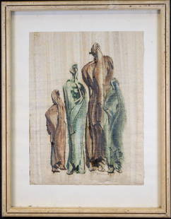 Salah Taher (Egypt, 1911 - 2007): Salah Taher (1911 - 2007) Painting of four figures. Signed lower right. Oil on Papyrus Sight Size: 15 x 11 in. Overall Size: 21.5 x 16.5 in. Framed behind glass.