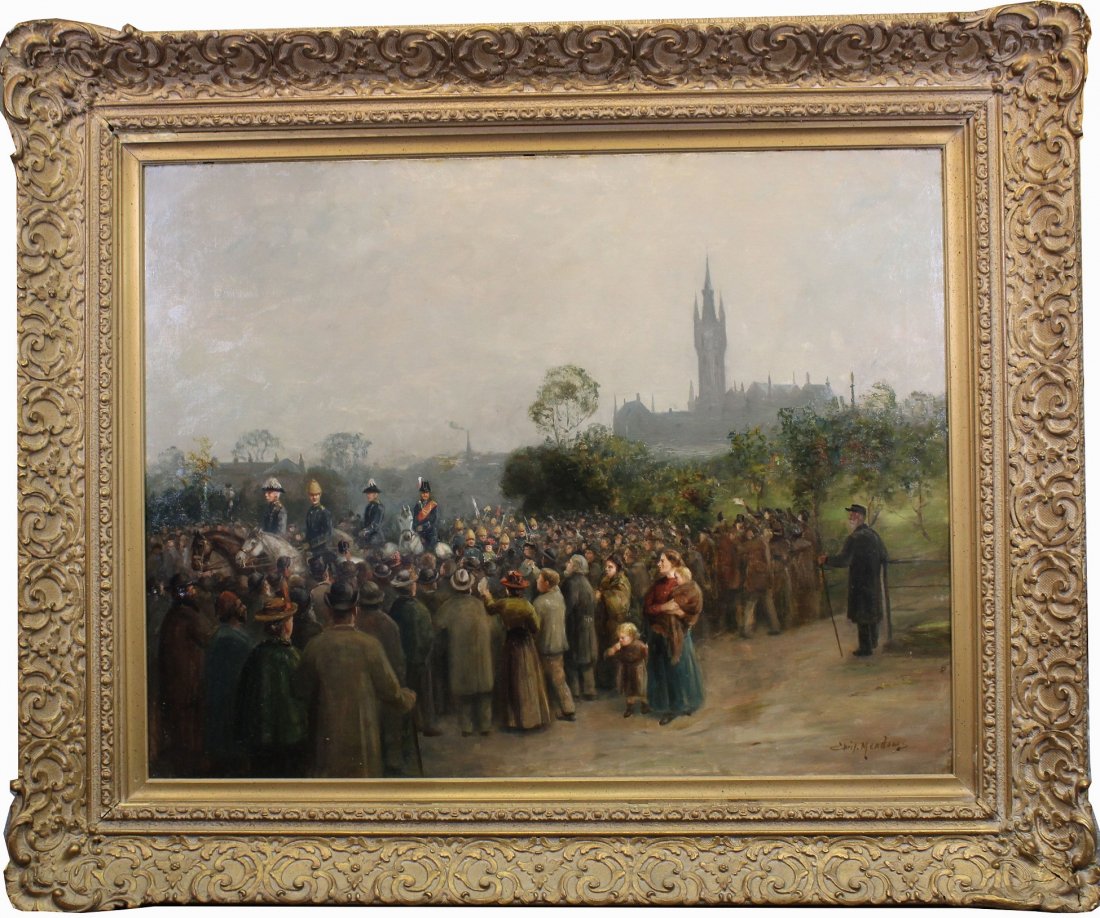 Christopher (CM) Meadows (1863 - 1947): Christopher (CM) Meadows (Scotland, England, 1863 - 1947) Large processional painting. Depicting numerous figures throughout. Oil on canvas. Signed lower right. Housed in likely the original frame. Si