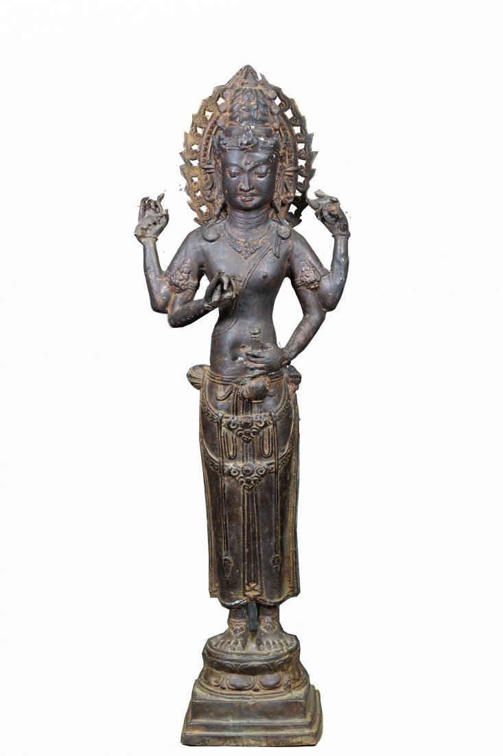 Antique Bronze Standing Buddha Figure: Antique Bronze Standing Buddha Figure. Height: 24 inches.