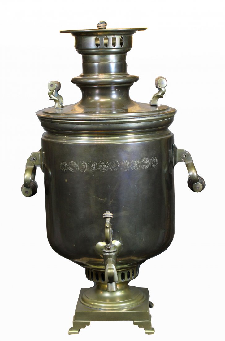 Signed, Brass Russian Samovar: Signed, Brass Russian Samovar. Handles with wood diffusers, open work spiggot and wood knops, with factory marks throughout. Height: 24.5 inches.