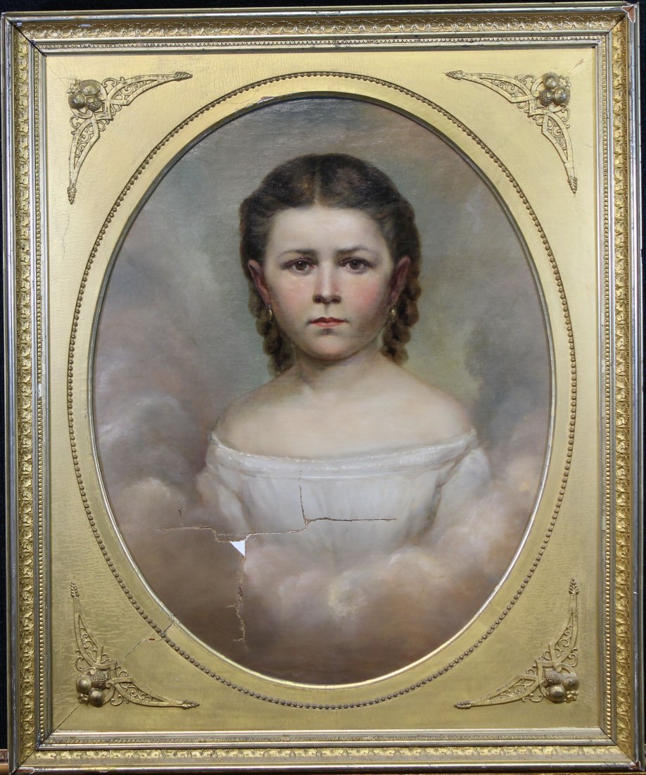 Charles Weigandt (Mississippi, 1811 - 1892): Charles Weigandt (Mississippi, 1811 - 1892) 1876 portrait of a young girl. Housed in a gilt oval frame. Oil on canvas. Signed and dated verso. Having punctures throughout lower portion of painting. Si