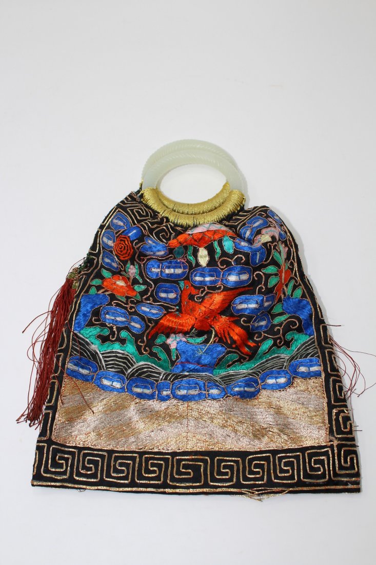 Chinese Jade Bangle Handled/Gold Threaded Purse.: Chinese Jade Bangle Handled/Gold Threaded Purse.