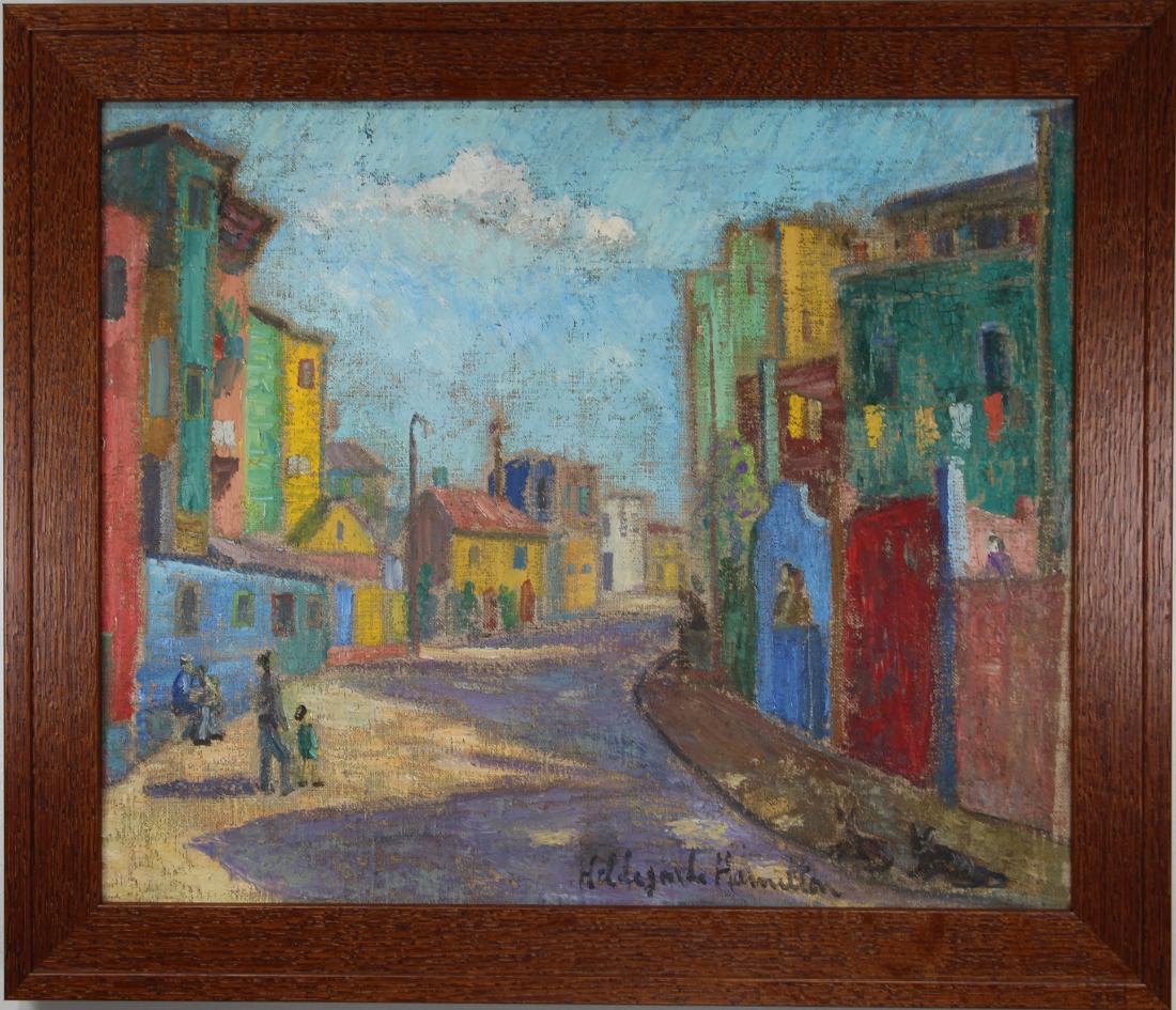 Hildegarde Hume Hamilton (1898 - 1970): Hildegarde Hume Hamilton (Florida, Virginia, 1898 - 1970) Oil on canvas painting of figures in a village. Signed lower right. Sight size: 14.5 x 17.5 in. Overall Size: 18 x 21 in.