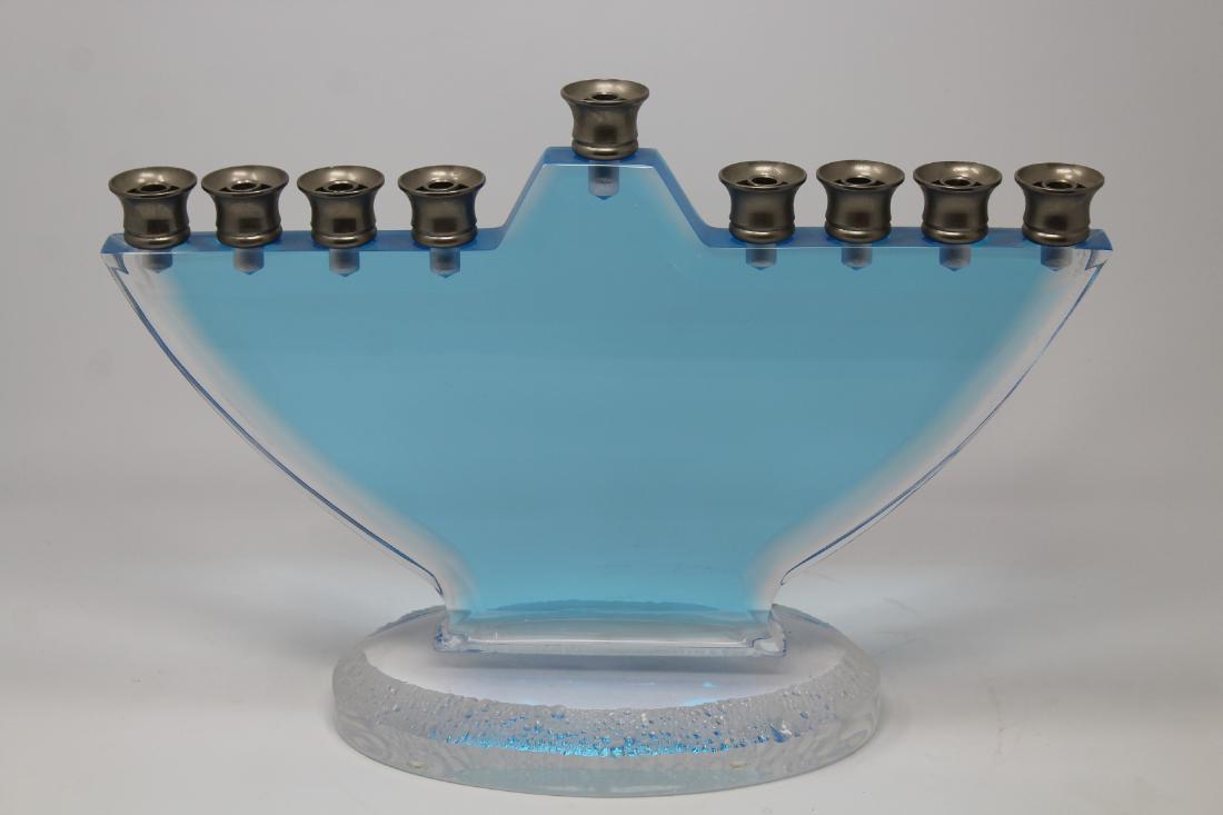 Signed Acrylic Blue Menorah: Signed Acrylic Blue Menorah. Signed and dated '95 near the base. Size: 10.5 x 15 in.