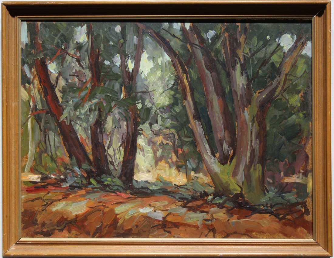 American School, Impressionist Wooded Landscape: American School, Impressionist Wooded Landscape Painting. Oil on board. Appears to be unsigned. Sight size: 11.5 x 15.5 in. Overall Size: 13.5 x 17.25 in.