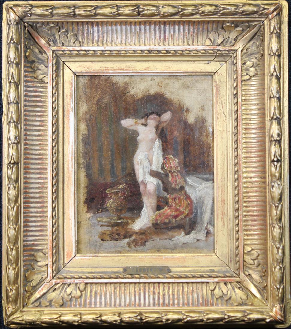 Eugene Samuel Auguste Fromentin (1820 - 1876): Eugene Samuel Auguste Fromentin (1820 - 1876) Oil on Board painting of nude bathers. Appears to be unsigned. Has not been examined outside of frame. Old label verso. Provenance: Private New York colle